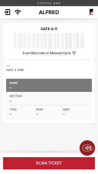 Initial landing screen which depicts full-width Scan Tickets functionality.